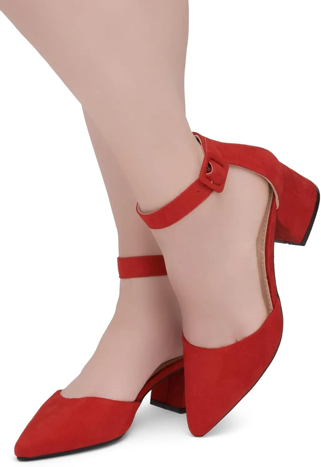 Shoe Land Women's Closed Toe Heels, Comfortable Low Block 2.25 Inch Heel Pumps for Work Office & Business Casual, Pointed Toe Dress Shoes with Adjustable Ankle Straps