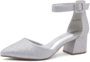 Shoe Land Women's Closed Toe Heels, Comfortable Low Block 2.25 Inch Heel Pumps for Work Office & Business Casual, Pointed Toe Dress Shoes with Adjustable Ankle Straps