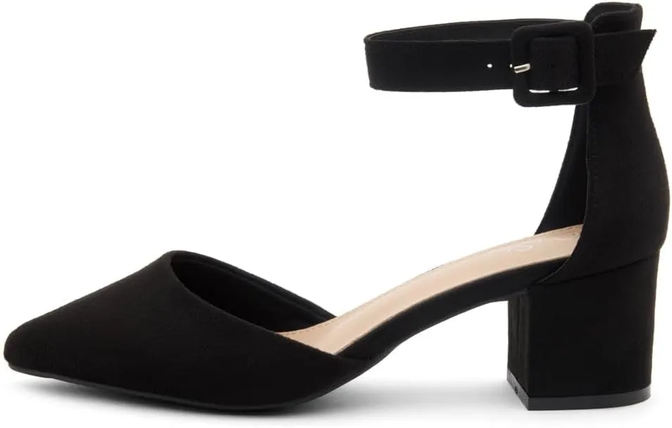 Shoe Land Women's Closed Toe Heels, Comfortable Low Block 2.25 Inch Heel Pumps for Work Office & Business Casual, Pointed Toe Dress Shoes with Adjustable Ankle Straps