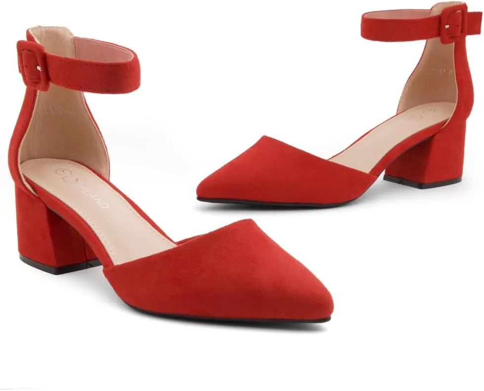 Shoe Land Women's Closed Toe Heels, Comfortable Low Block 2.25 Inch Heel Pumps for Work Office & Business Casual, Pointed Toe Dress Shoes with Adjustable Ankle Straps