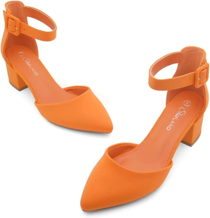 Shoe Land Women's Closed Toe Heels, Comfortable Low Block 2.25 Inch Heel Pumps for Work Office & Business Casual, Pointed Toe Dress Shoes with Adjustable Ankle Straps