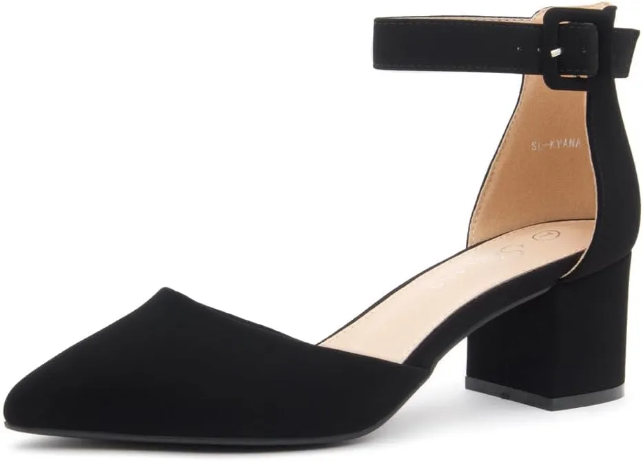 Shoe Land Women's Closed Toe Heels, Comfortable Low Block 2.25 Inch Heel Pumps for Work Office & Business Casual, Pointed Toe Dress Shoes with Adjustable Ankle Straps
