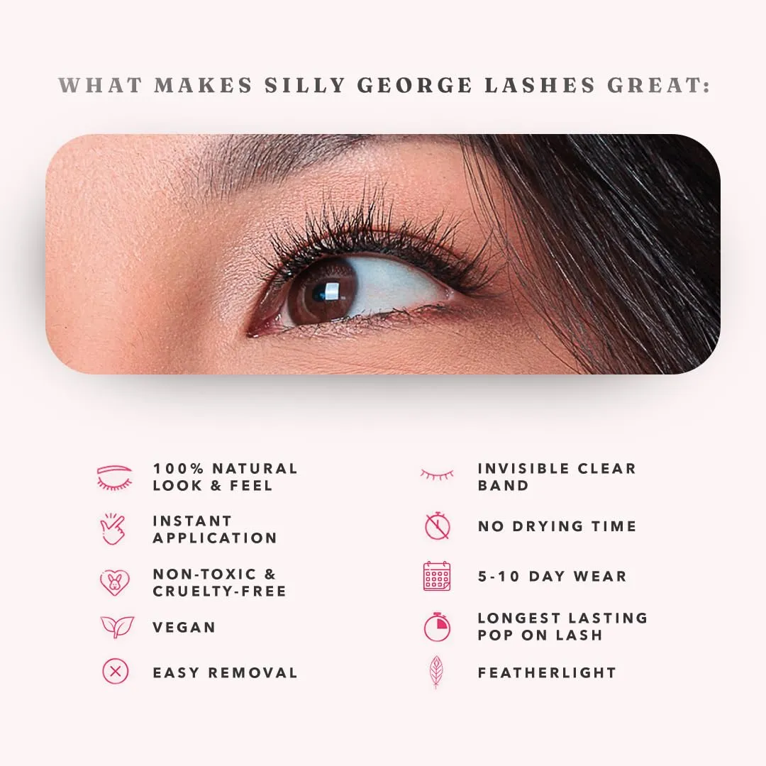 Silly George Pop-On Lashes - DIY 1-Step Pre-Glued Faux Eyelash Clusters, Natural Look Extensions, Black - Rosy, 5-7 Pair Set, Pack of 60 Clusters
