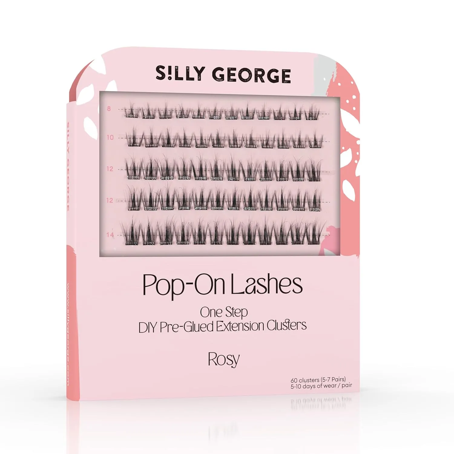 Silly George Pop-On Lashes - DIY 1-Step Pre-Glued Faux Eyelash Clusters, Natural Look Extensions, Black - Rosy, 5-7 Pair Set, Pack of 60 Clusters