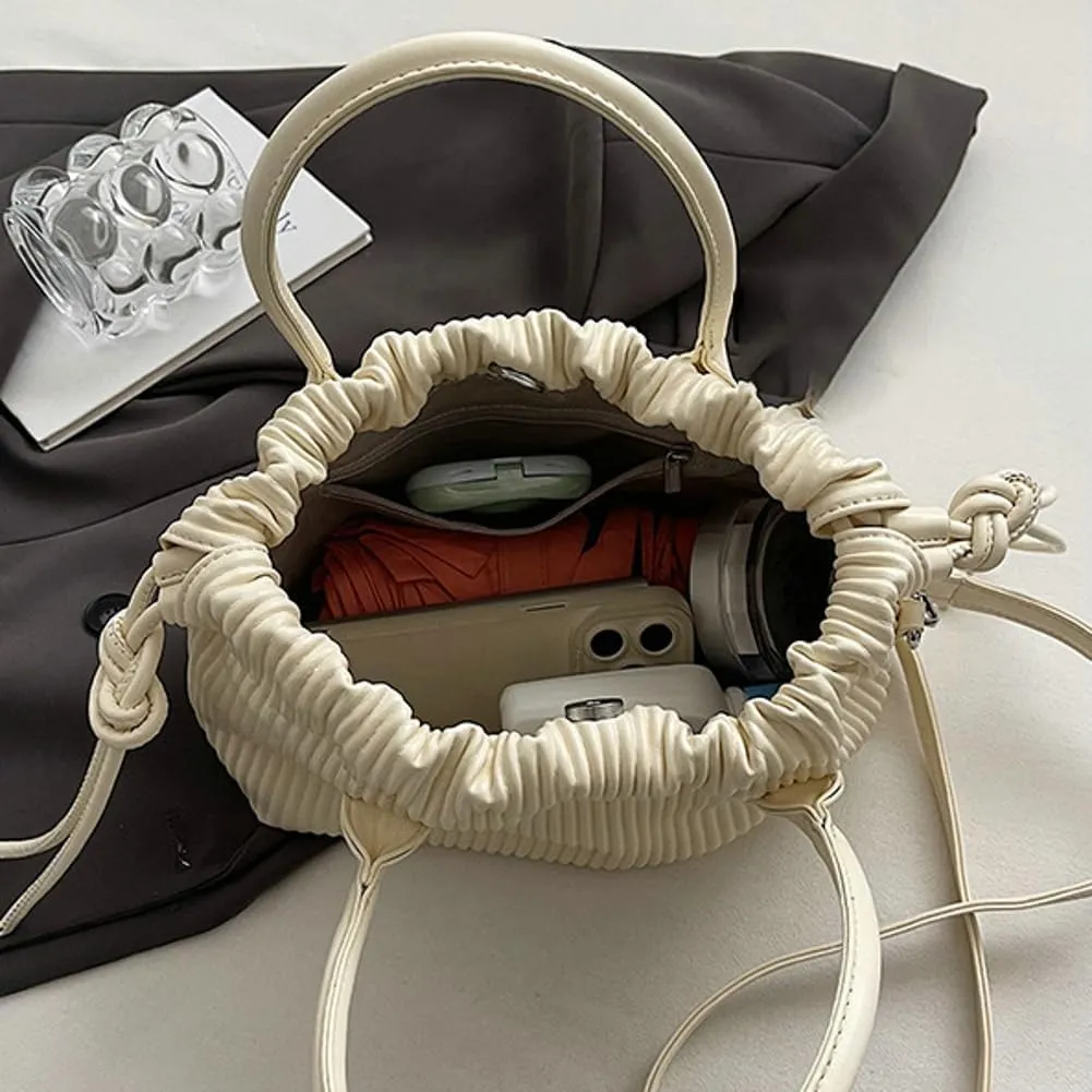 Simple Fashion Pleated Handbag Retro Solid PU Leather Shoulder Bag Travel Work Cross Body Bags for Women 2025