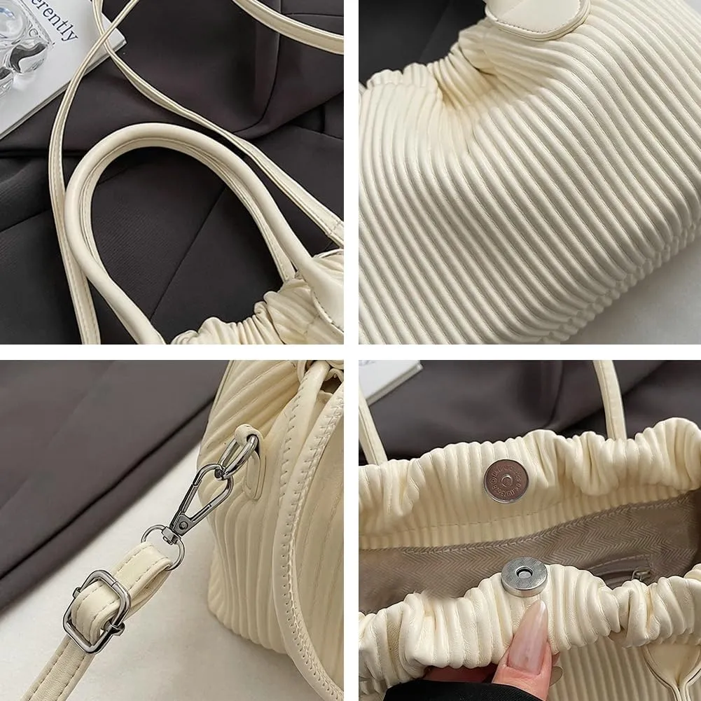 Simple Fashion Pleated Handbag Retro Solid PU Leather Shoulder Bag Travel Work Cross Body Bags for Women 2025