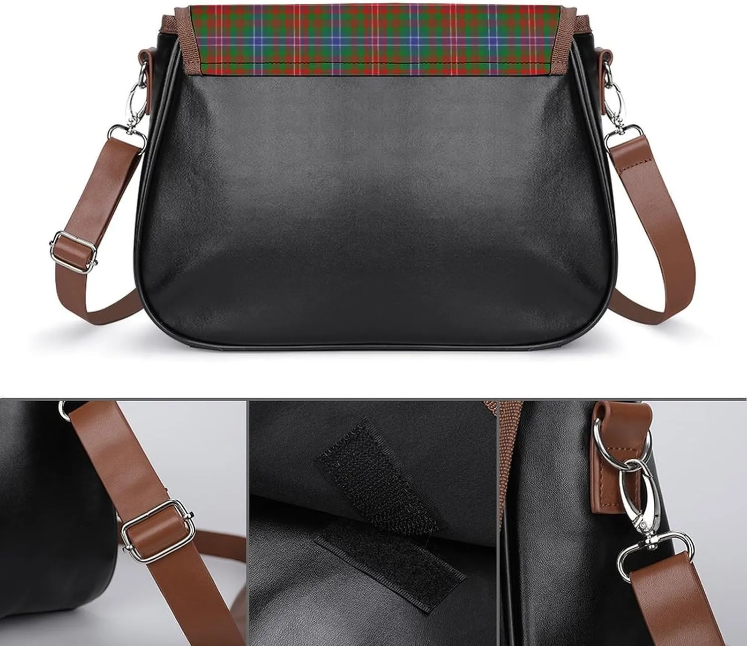 Sinclair Clan Hunting Tartan Variant Plaid Leather Decorative Crossbody Strap Backpack, Large Capacity Shoulder Bag