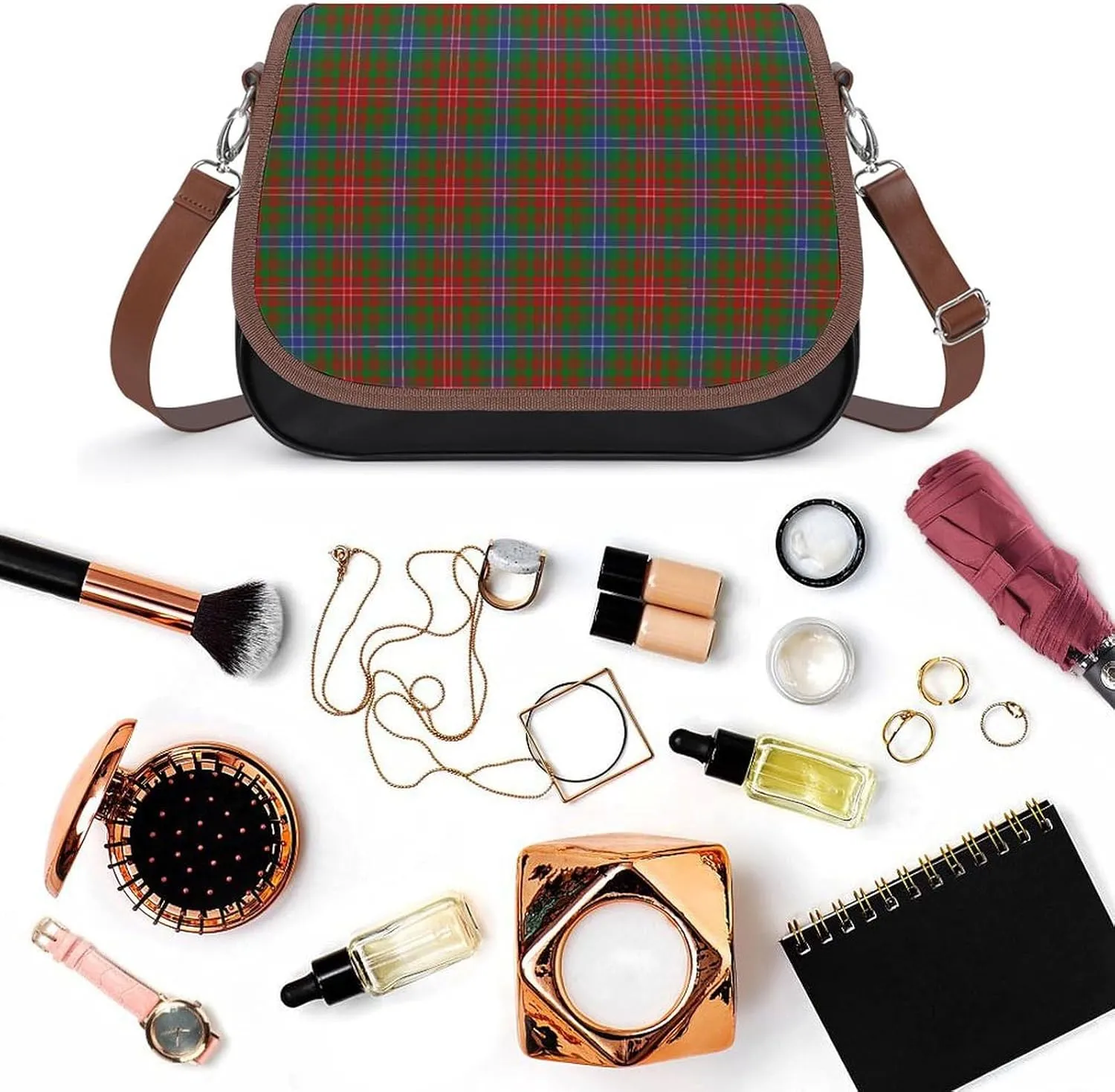 Sinclair Clan Hunting Tartan Variant Plaid Leather Decorative Crossbody Strap Backpack, Large Capacity Shoulder Bag
