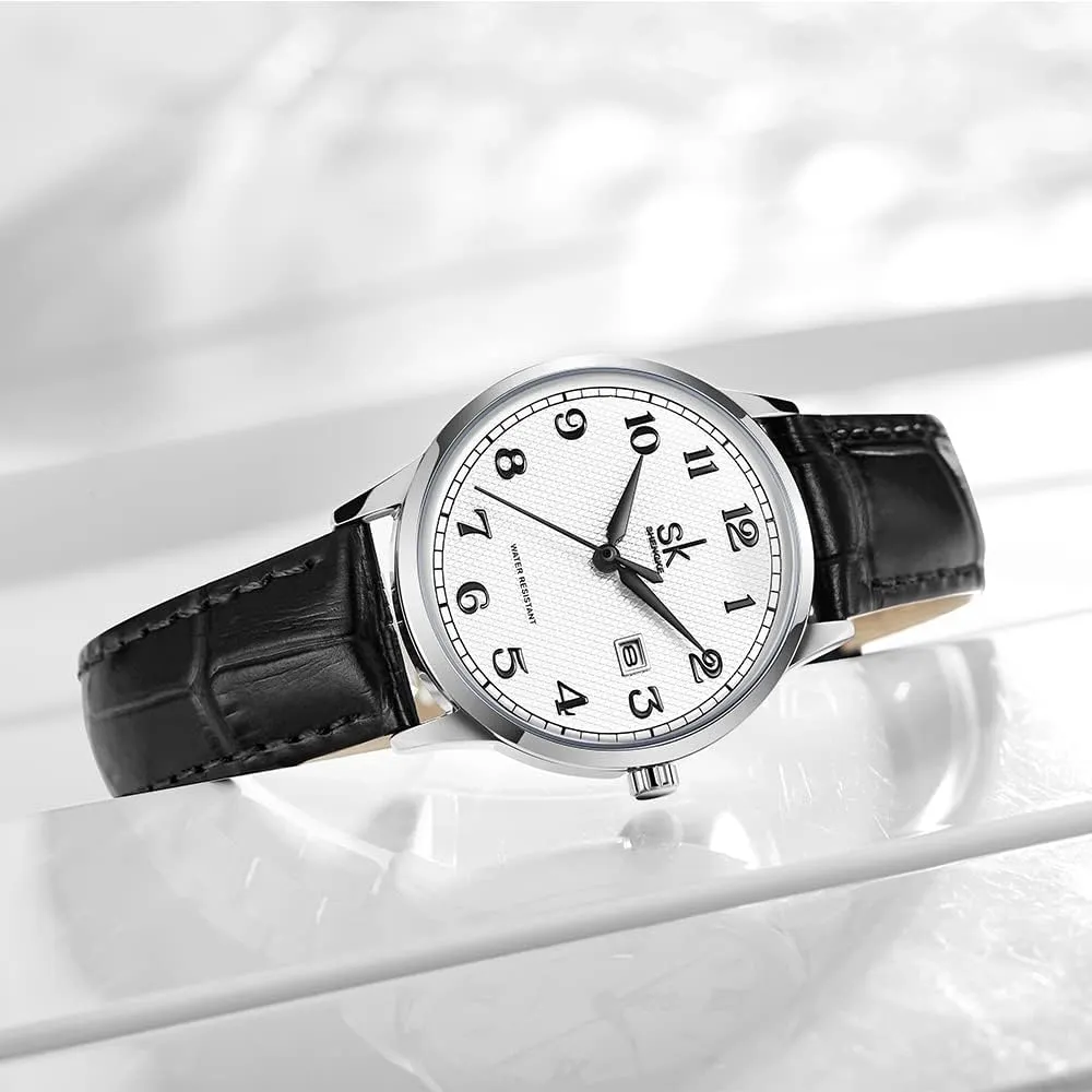 SK Classic Easy Read Watch for Women with Genuine Leather Band Ladies Calendar Watch