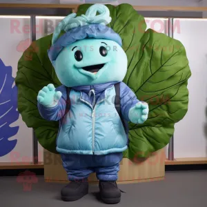 Sky Blue Cabbage Leaf mascot costume character dressed with a Bomber Jacket and Beanies, Large
