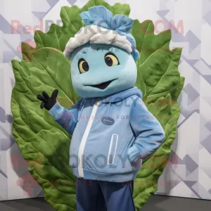Sky Blue Cabbage Leaf mascot costume character dressed with a Bomber Jacket and Beanies
