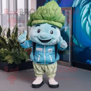 Sky Blue Cabbage Leaf mascot costume character dressed with a Bomber Jacket and Beanies