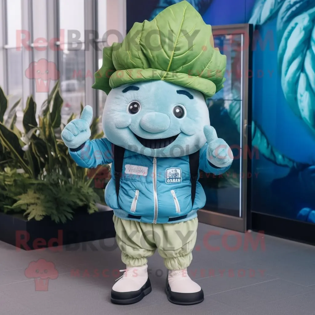 Sky Blue Cabbage Leaf mascot costume character dressed with a Bomber Jacket and Beanies