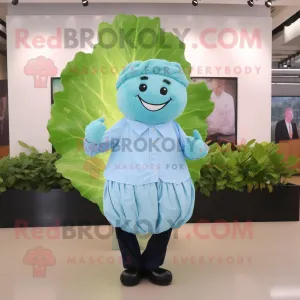 Sky Blue Cabbage Leaf mascot costume character dressed with a Dress Shirt and Cufflinks, Large