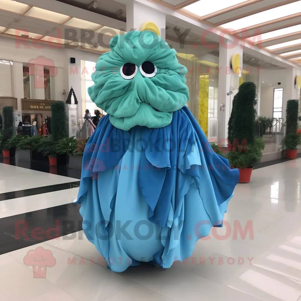 Sky Blue Cabbage Leaf mascot costume character dressed with a Evening Gown and Scarf clips, Large