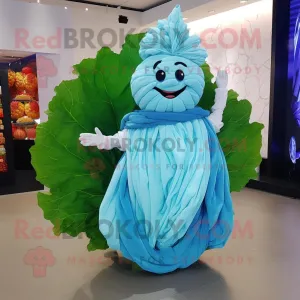Sky Blue Cabbage Leaf mascot costume character dressed with a Evening Gown and Scarf clips, Large