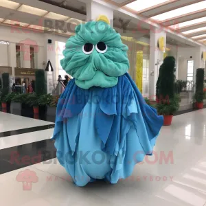 Sky Blue Cabbage Leaf mascot costume character dressed with a Evening Gown and Scarf clips, Large