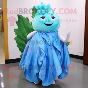 Sky Blue Cabbage Leaf mascot costume character dressed with a Evening Gown and Scarf clips