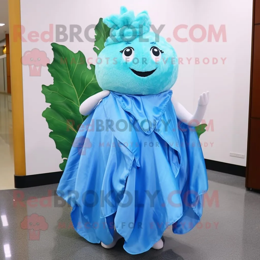 Sky Blue Cabbage Leaf mascot costume character dressed with a Evening Gown and Scarf clips