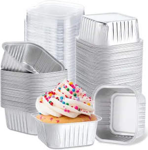 Skylety 100 Pcs 5 oz Mini Square Baking Pan with Lid Aluminum Foil Cupcake Pan Brownie Baking Cup Disposable Ramekins Individual Tin Dessert Containers for Kitchen, Food Grade Material (Silver)