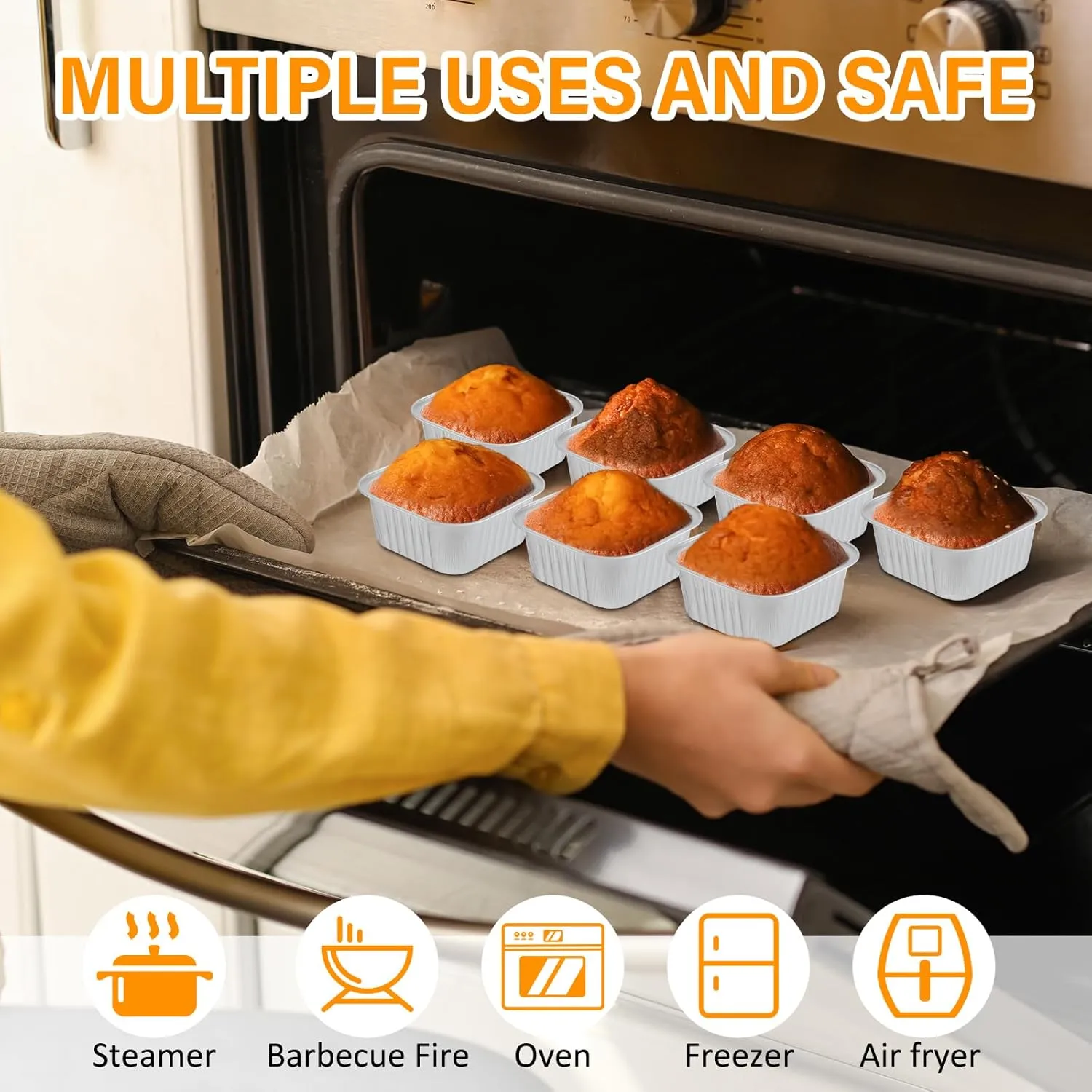 Skylety 100 Pcs 5 oz Mini Square Baking Pan with Lid Aluminum Foil Cupcake Pan Brownie Baking Cup Disposable Ramekins Individual Tin Dessert Containers for Kitchen, Food Grade Material (Silver)