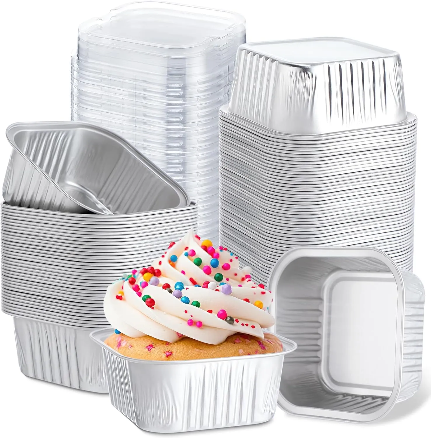 Skylety 100 Pcs 5 oz Mini Square Baking Pan with Lid Aluminum Foil Cupcake Pan Brownie Baking Cup Disposable Ramekins Individual Tin Dessert Containers for Kitchen, Food Grade Material (Silver)
