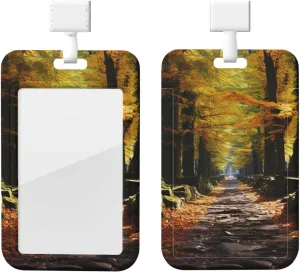 Sliding ID Badge Holder Vertical Plastic Badge Holder with Clear Window Retractable Lanyard Badge Reel Pathway in The Woods Covered ID Card Holder Waterproof Card Protector Cover for Office