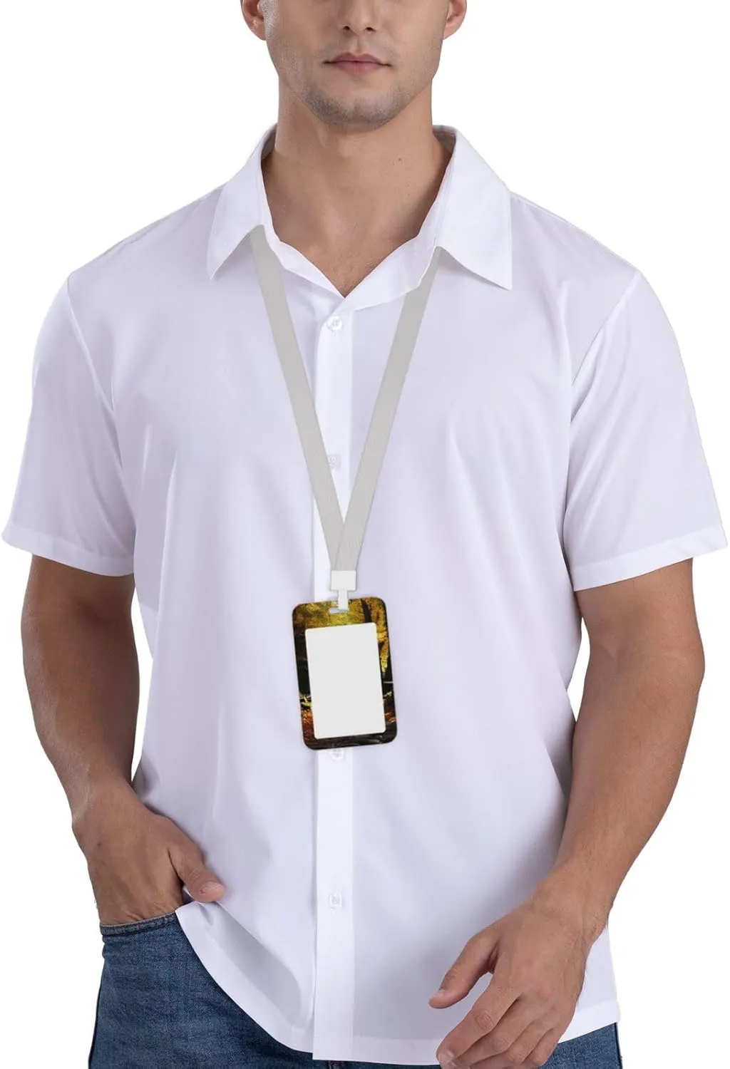 Sliding ID Badge Holder Vertical Plastic Badge Holder with Clear Window Retractable Lanyard Badge Reel Pathway in The Woods Covered ID Card Holder Waterproof Card Protector Cover for Office