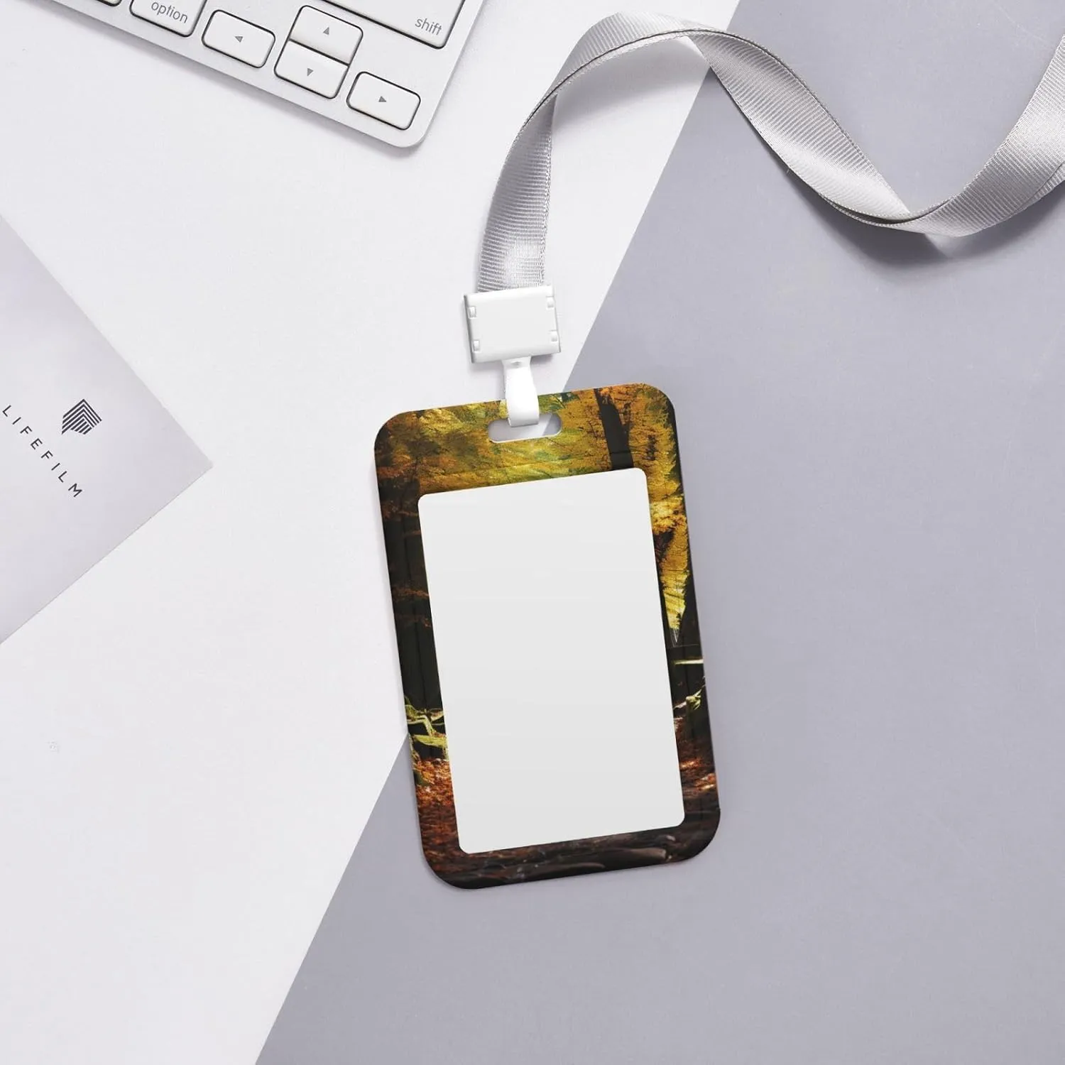 Sliding ID Badge Holder Vertical Plastic Badge Holder with Clear Window Retractable Lanyard Badge Reel Pathway in The Woods Covered ID Card Holder Waterproof Card Protector Cover for Office