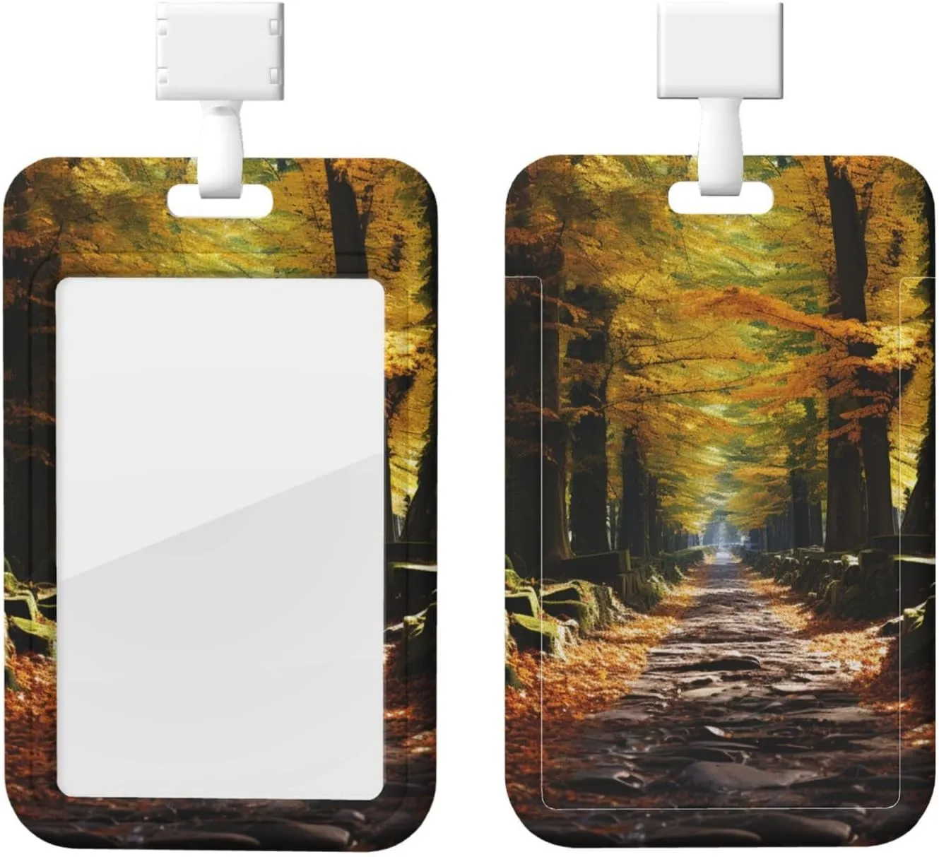 Sliding ID Badge Holder Vertical Plastic Badge Holder with Clear Window Retractable Lanyard Badge Reel Pathway in The Woods Covered ID Card Holder Waterproof Card Protector Cover for Office