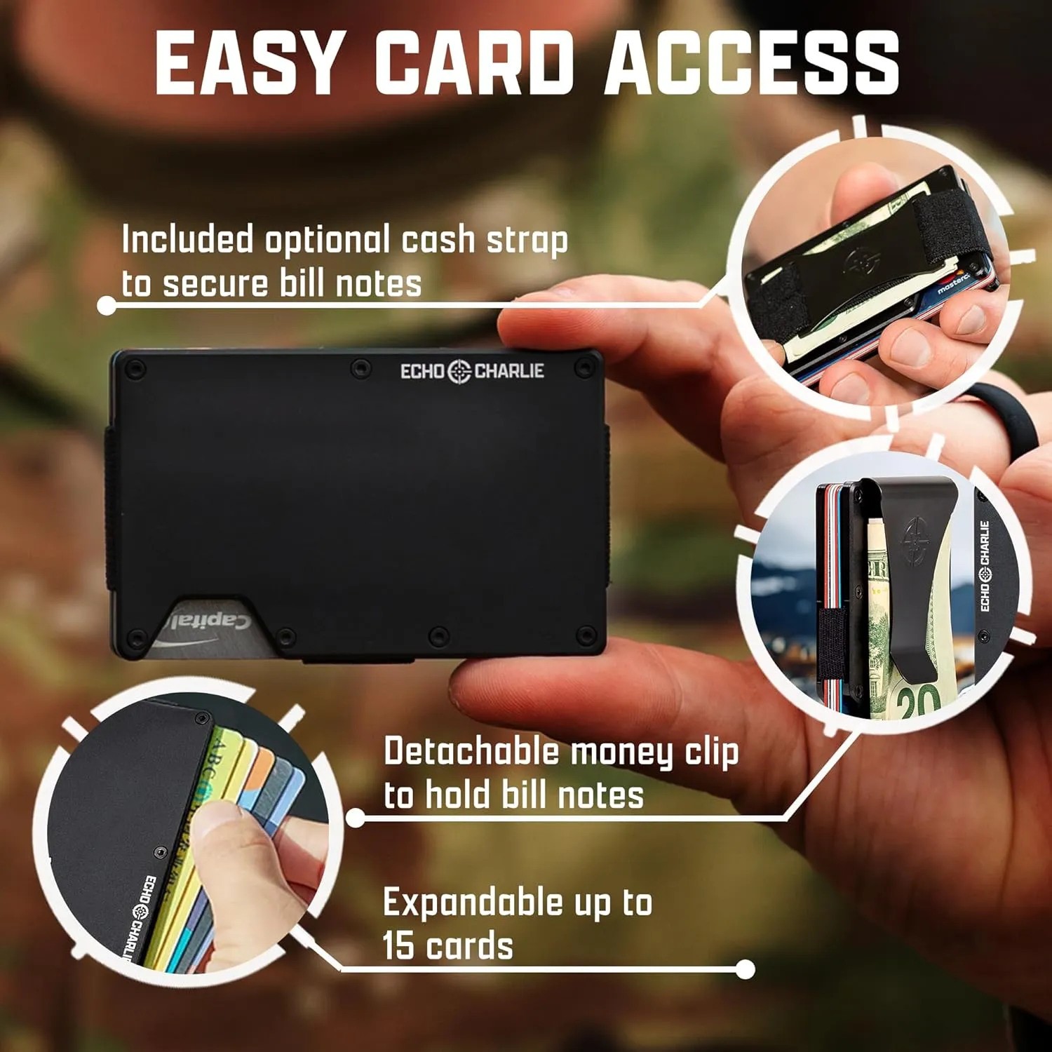 Slim Minimalist Wallet for Men and Women | RFID Blocking Front Pocket Metal Wallet Card Holder | with Removable Money Clip and Cash Strap | Aluminum, Back in Black