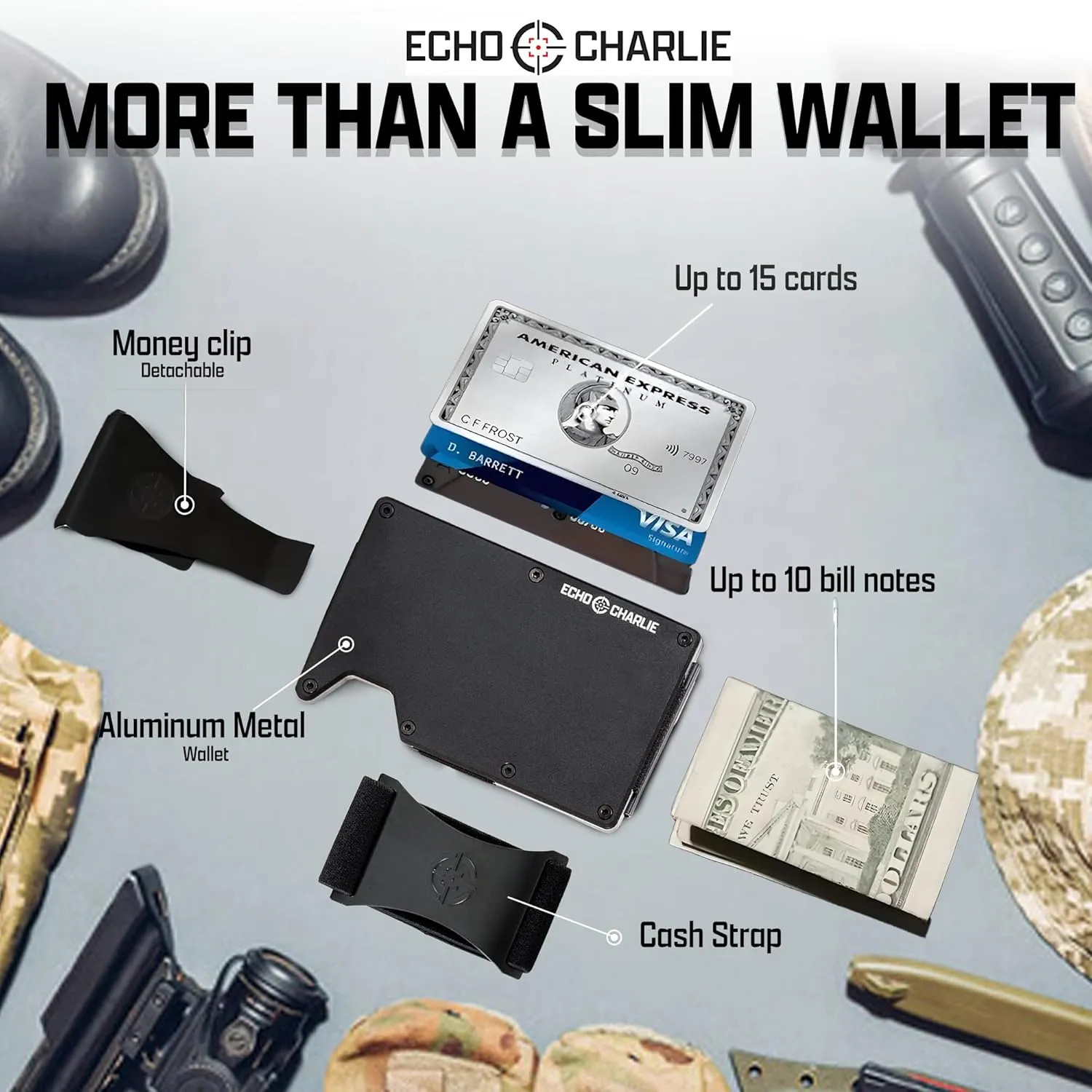 Slim Minimalist Wallet for Men and Women | RFID Blocking Front Pocket Metal Wallet Card Holder | with Removable Money Clip and Cash Strap | Aluminum, Back in Black