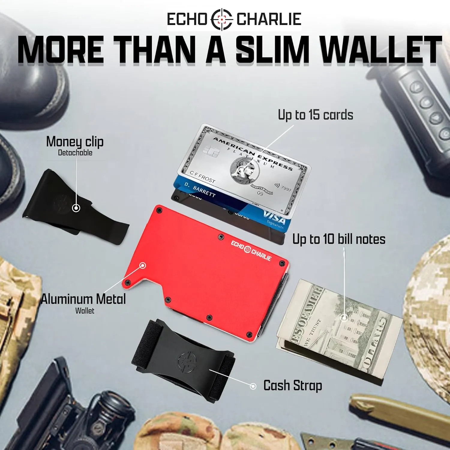 Slim Minimalist Wallet for Men and Women | RFID Blocking Front Pocket Metal Wallet Card Holder | with Removable Money Clip and Cash Strap | Aluminum, Firehouse Red