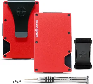 Slim Minimalist Wallet for Men and Women | RFID Blocking Front Pocket Metal Wallet Card Holder | with Removable Money Clip and Cash Strap | Aluminum, Firehouse Red