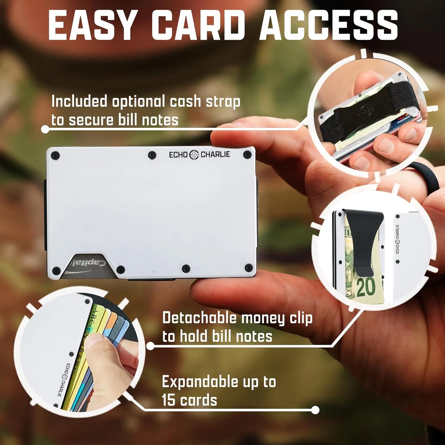 Slim Minimalist Wallet for Men and Women | RFID Blocking Front Pocket Metal Wallet Card Holder | with Removable Money Clip and Cash Strap | Aluminum, White Out