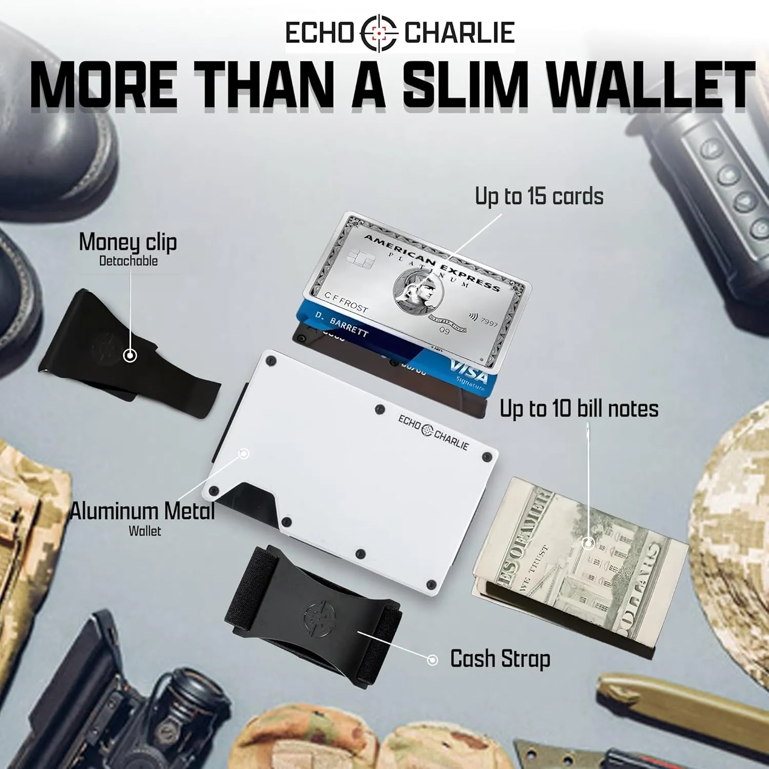 Slim Minimalist Wallet for Men and Women | RFID Blocking Front Pocket Metal Wallet Card Holder | with Removable Money Clip and Cash Strap | Aluminum, White Out