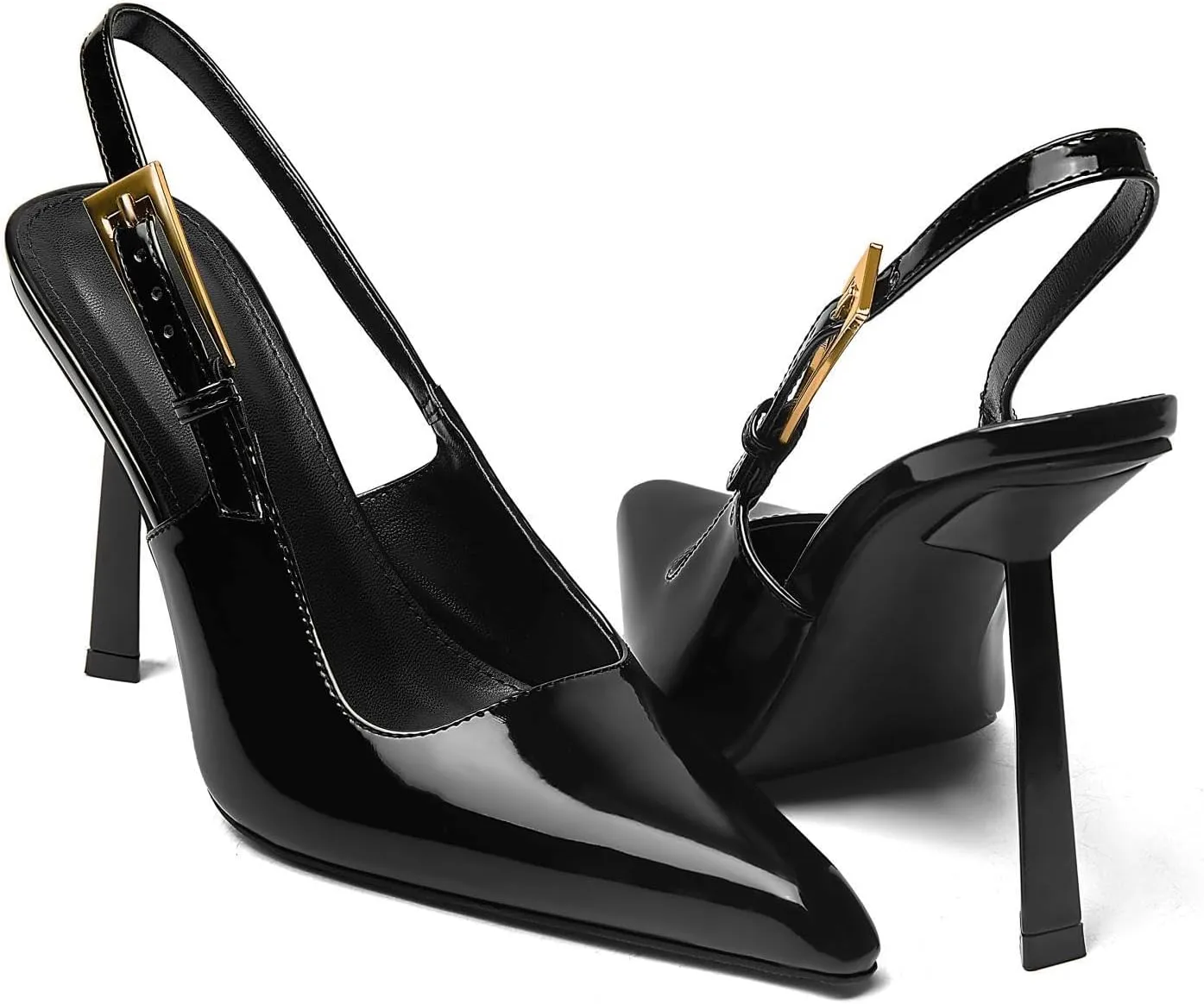 Slingback Pointed Closed Toe Stiletto High Heels Pumps for Women Ankle Strap Metal Buckle Backless Patent Leather Slip-on Banquet Dress Sandals Shoes