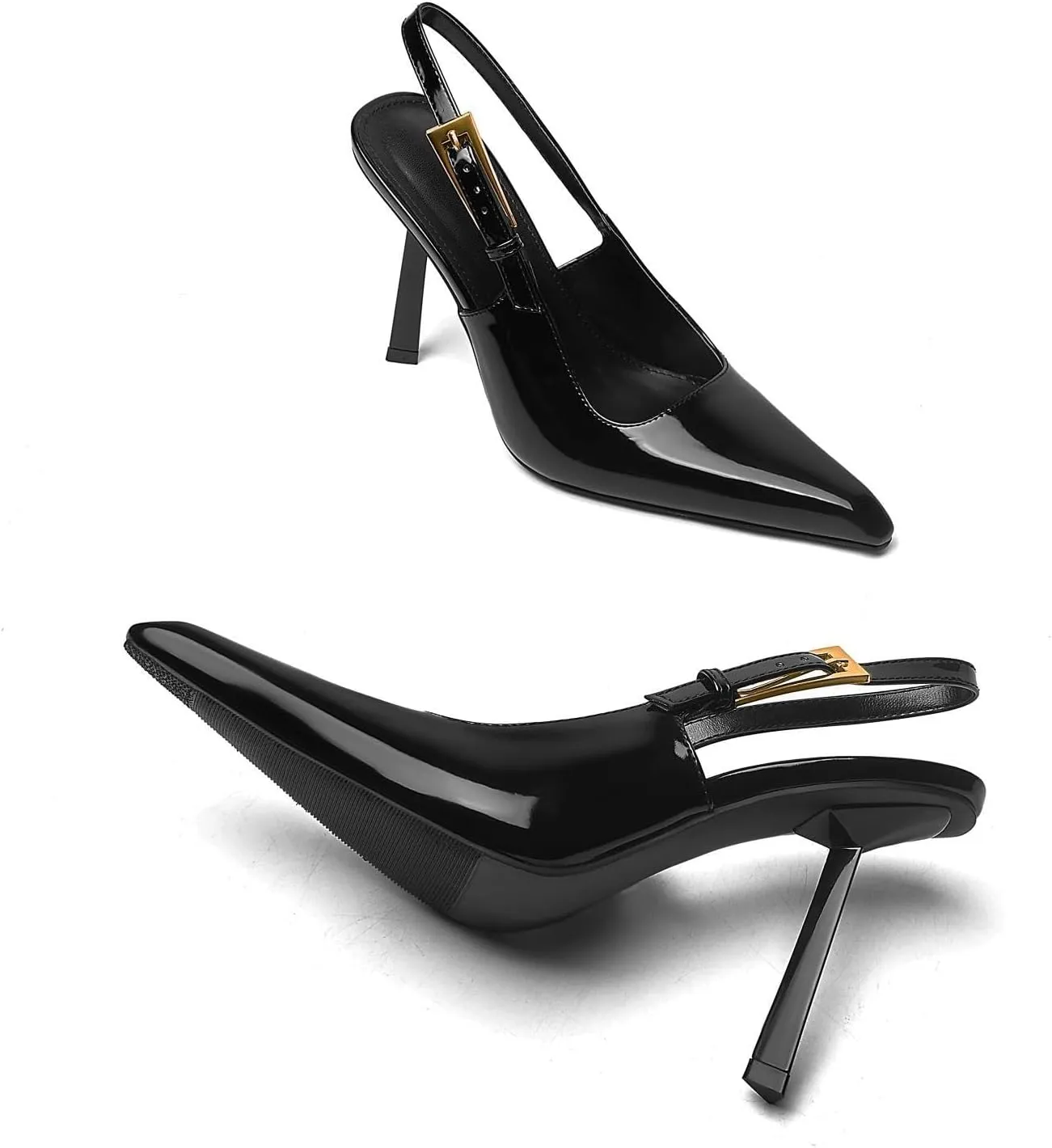 Slingback Pointed Closed Toe Stiletto High Heels Pumps for Women Ankle Strap Metal Buckle Backless Patent Leather Slip-on Banquet Dress Sandals Shoes