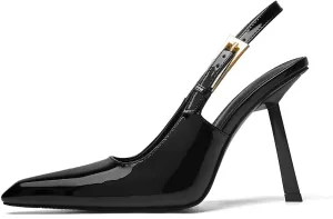 Slingback Pointed Closed Toe Stiletto High Heels Pumps for Women Ankle Strap Metal Buckle Backless Patent Leather Slip-on Banquet Dress Sandals Shoes