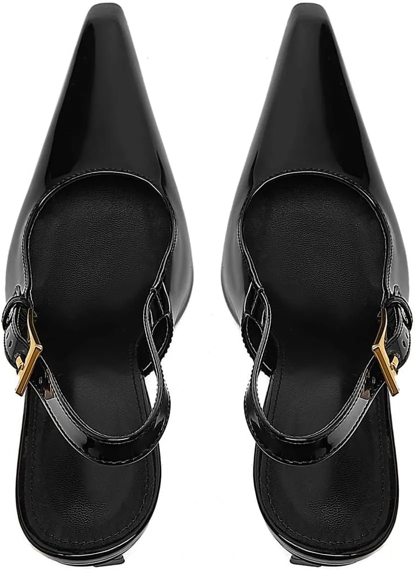 Slingback Pointed Closed Toe Stiletto High Heels Pumps for Women Ankle Strap Metal Buckle Backless Patent Leather Slip-on Banquet Dress Sandals Shoes