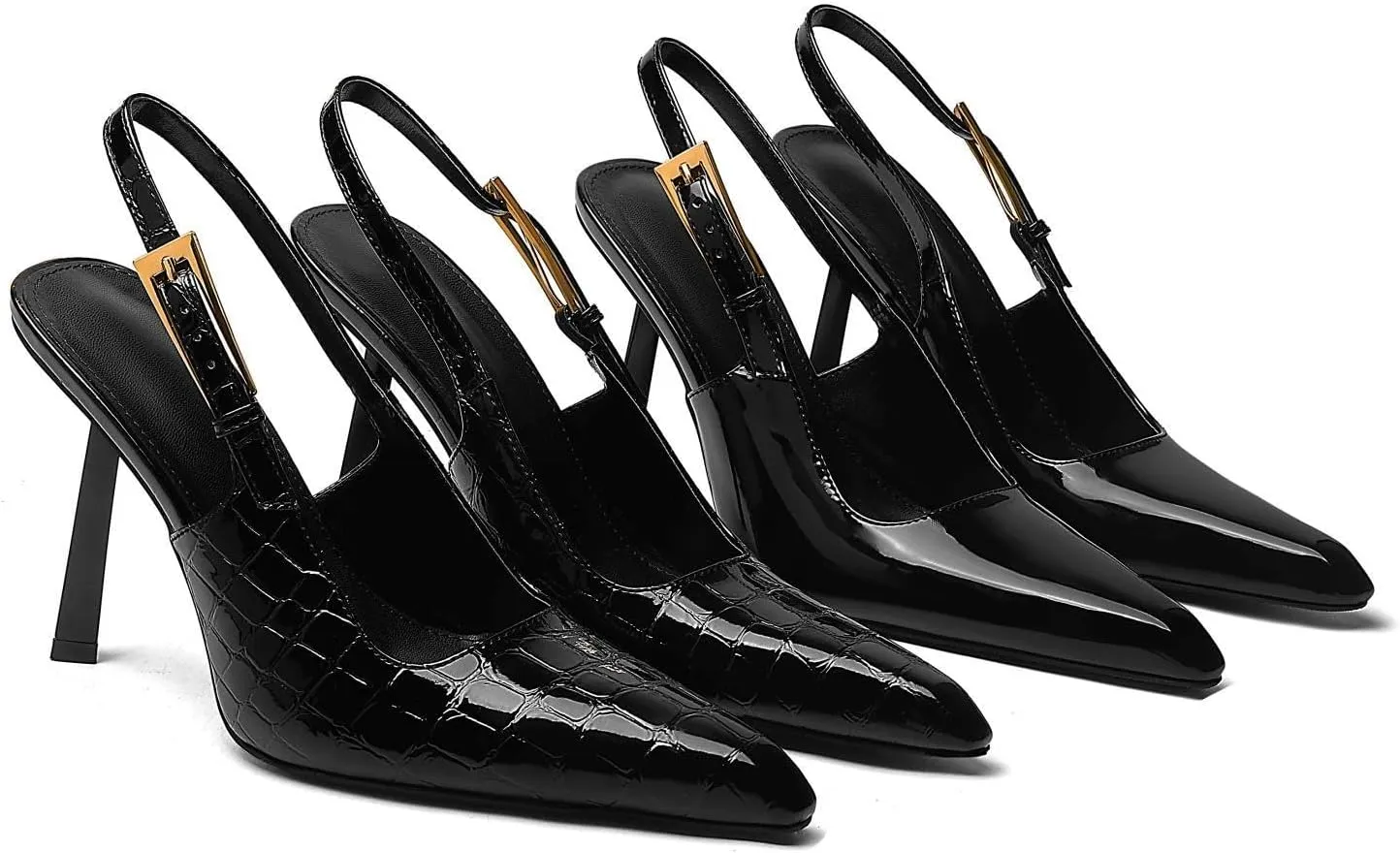 Slingback Pointed Closed Toe Stiletto High Heels Pumps for Women Ankle Strap Metal Buckle Backless Patent Leather Slip-on Banquet Dress Sandals Shoes