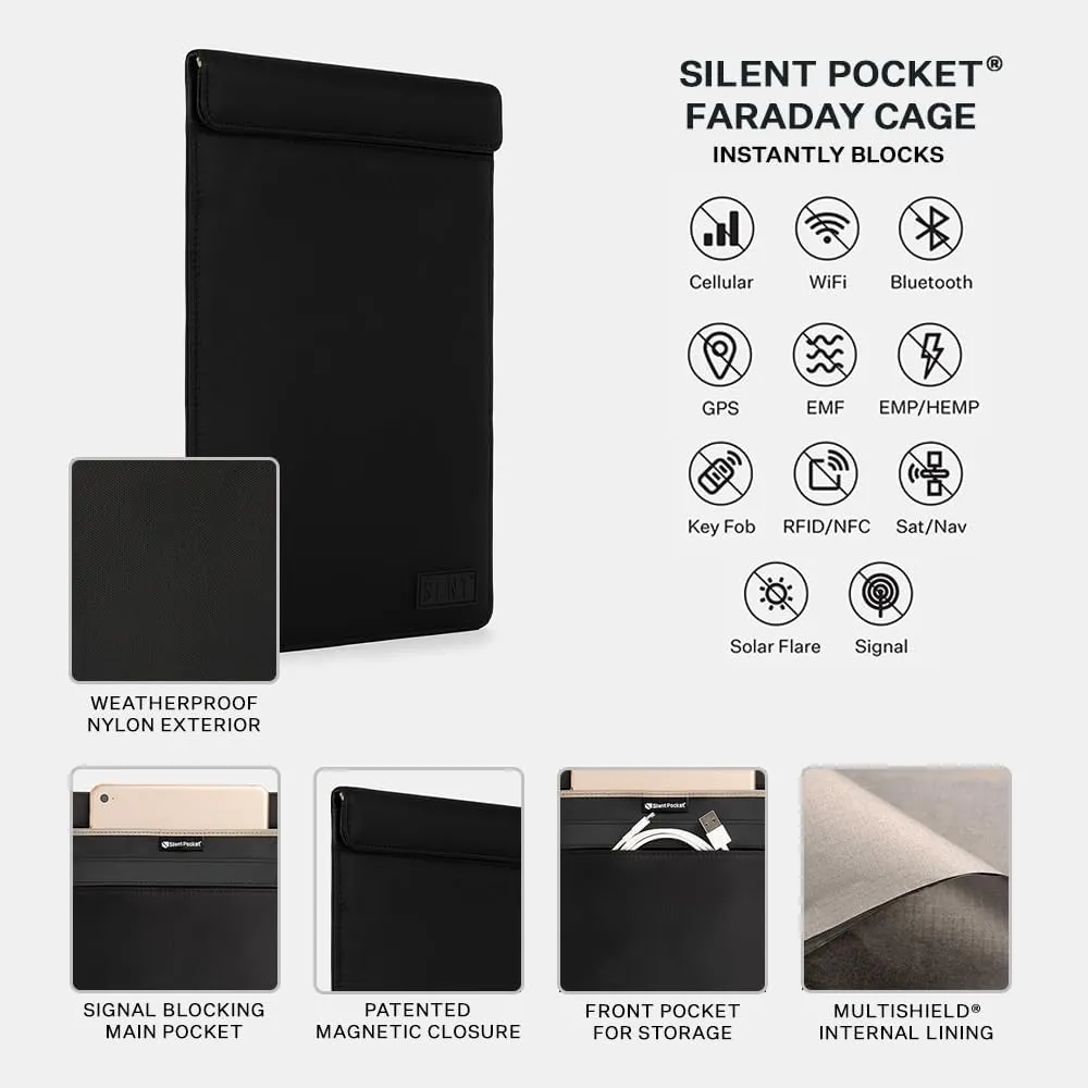 SLNT Faraday Bag Tablet Sleeve with Silent Pocket - Leather or Weatherproof Nylon, Signal Blocking Device Shielding for iPad, Galaxy Tab, Most Tablets, Travel, Privacy (Black Nylon, X-Large)