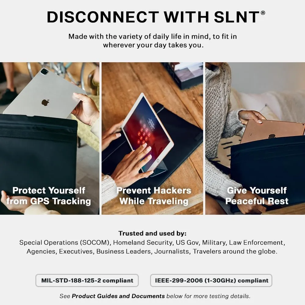 SLNT Faraday Bag Tablet Sleeve with Silent Pocket - Leather or Weatherproof Nylon, Signal Blocking Device Shielding for iPad, Galaxy Tab, Most Tablets, Travel, Privacy (Black Nylon, X-Large)