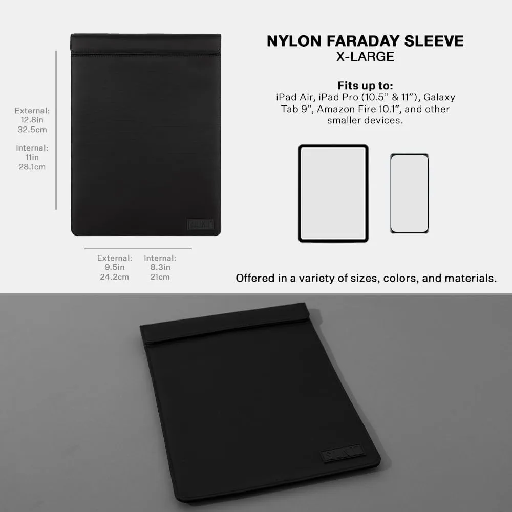 SLNT Faraday Bag Tablet Sleeve with Silent Pocket - Leather or Weatherproof Nylon, Signal Blocking Device Shielding for iPad, Galaxy Tab, Most Tablets, Travel, Privacy (Black Nylon, X-Large)