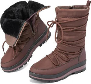 Snow Boots for Women Fur Winter Boots Waterproof Ski Boots Women's Mid Calf Boots Furry White Lace up Boots with Zipper