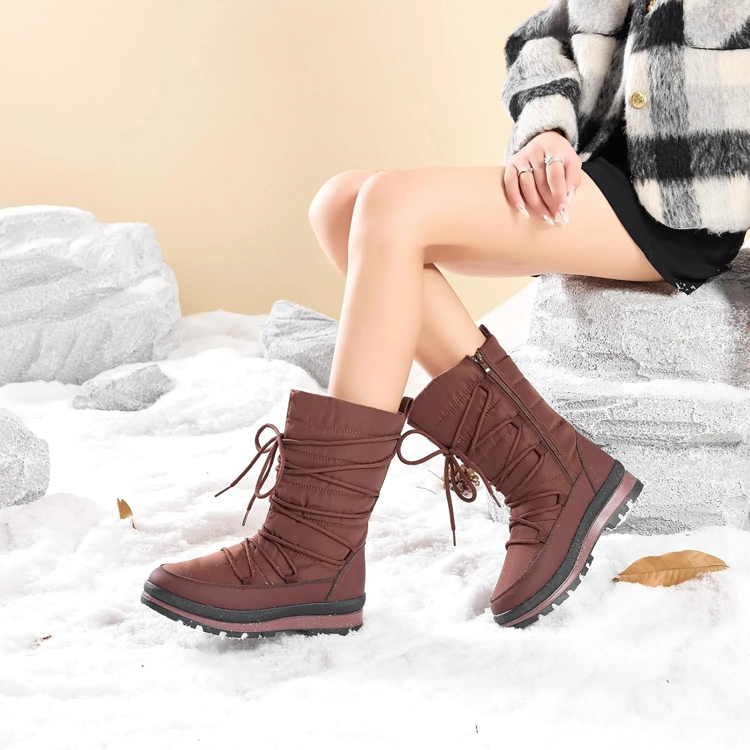 Snow Boots for Women Fur Winter Boots Waterproof Ski Boots Women's Mid Calf Boots Furry White Lace up Boots with Zipper
