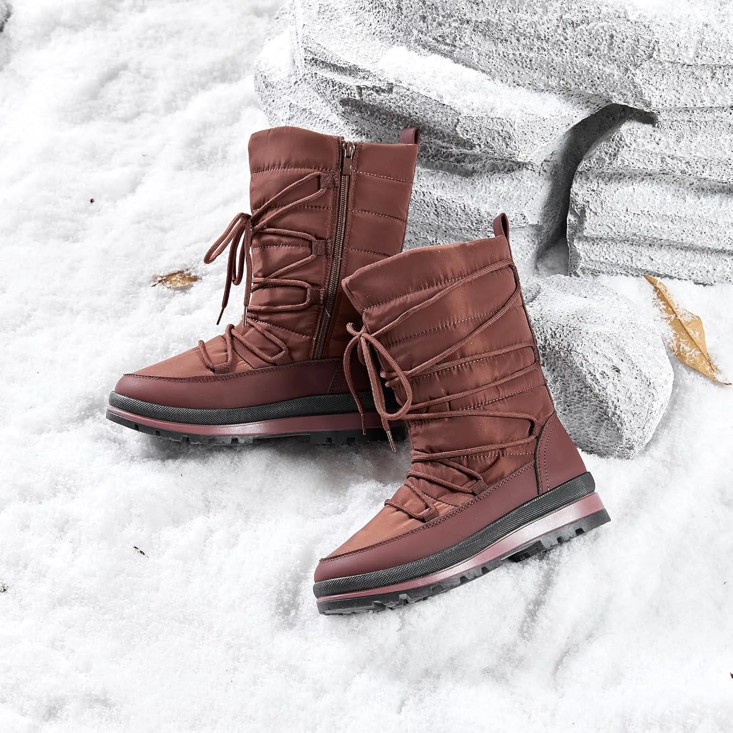 Snow Boots for Women Fur Winter Boots Waterproof Ski Boots Women's Mid Calf Boots Furry White Lace up Boots with Zipper
