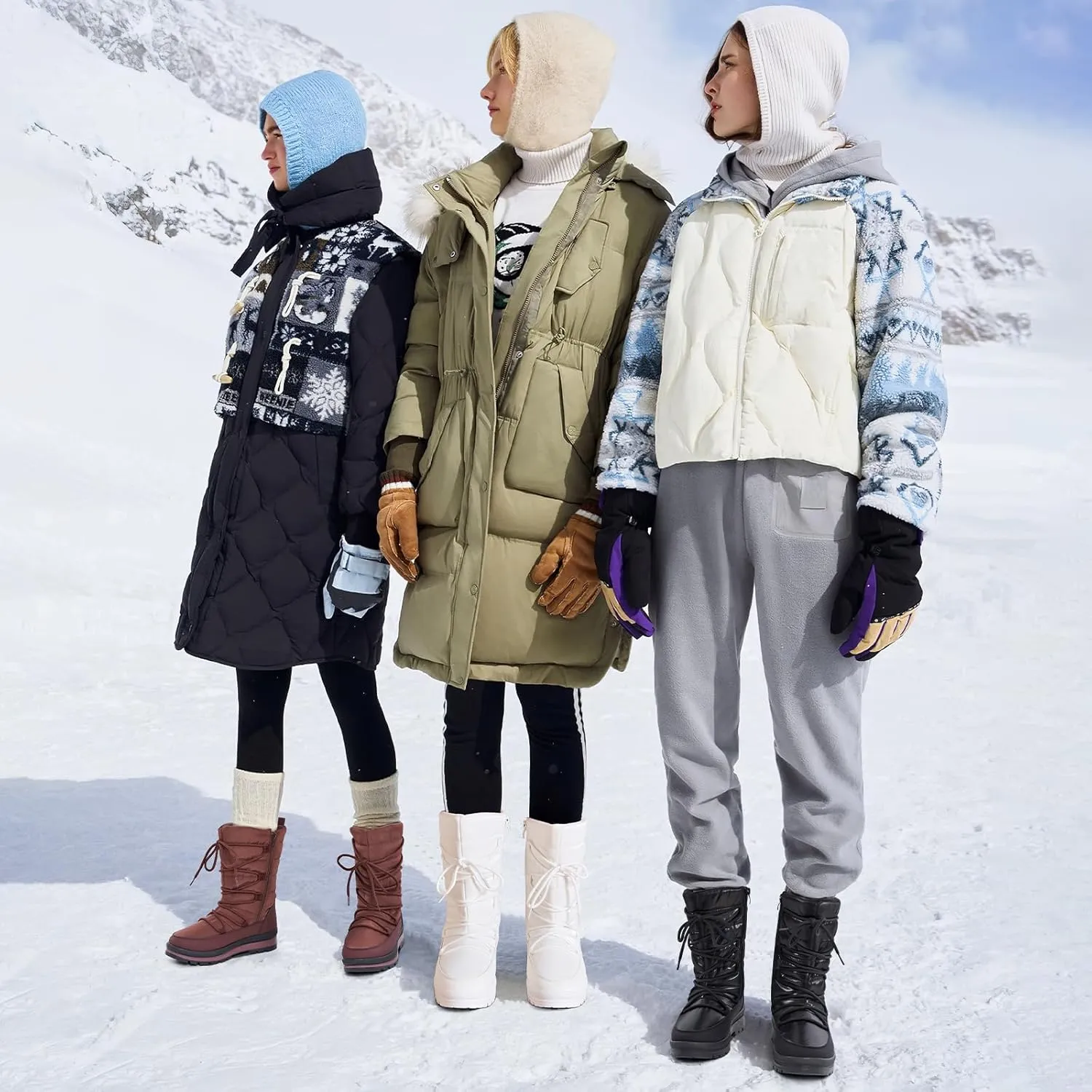 Snow Boots for Women Fur Winter Boots Waterproof Ski Boots Women's Mid Calf Boots Furry White Lace up Boots with Zipper