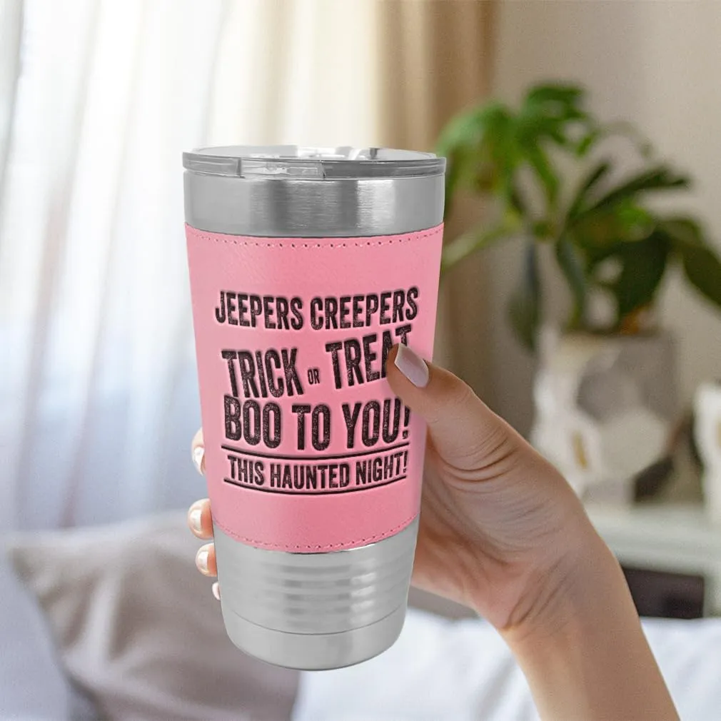 Stainless-Steel Leather Travel Mug Tumbler 20 Ounces Jepers Creepers Engraved Thermal Coffee Cup Brown