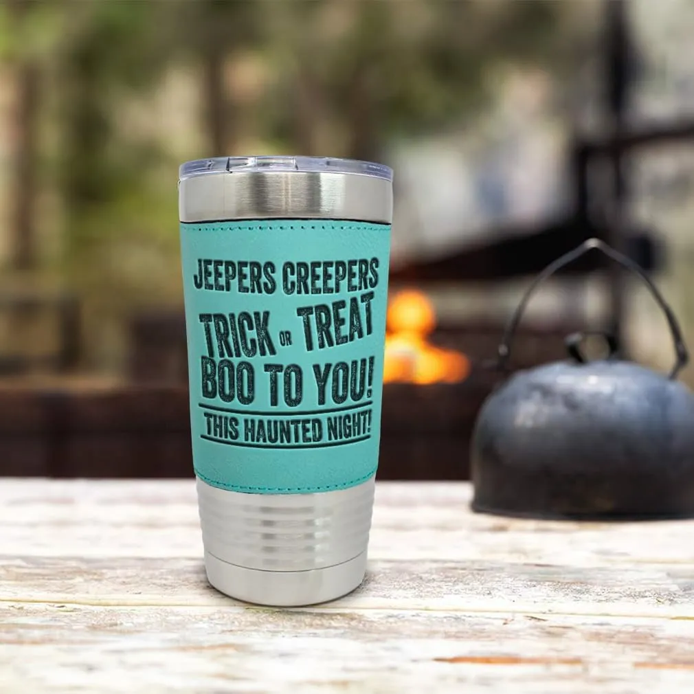 Stainless-Steel Leather Travel Mug Tumbler 20 Ounces Jepers Creepers Engraved Thermal Coffee Cup Brown